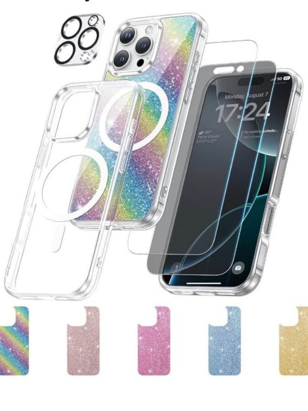 iPhone 16 Pro Clear MagSafe Case Bundle (with Protectors & Glitter Cards)